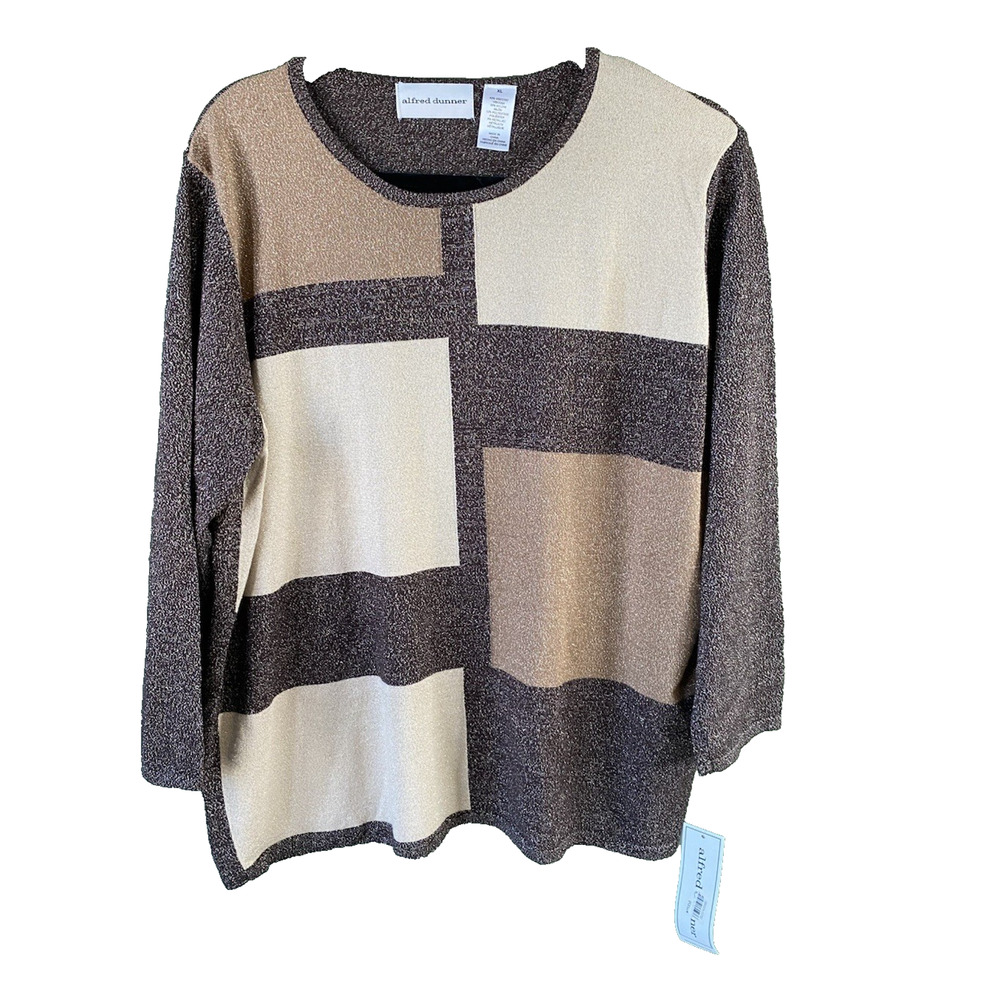 Alfred Dunner Shirt Womens Size XL NEW Brown Gold Pullover Blouse Career Office